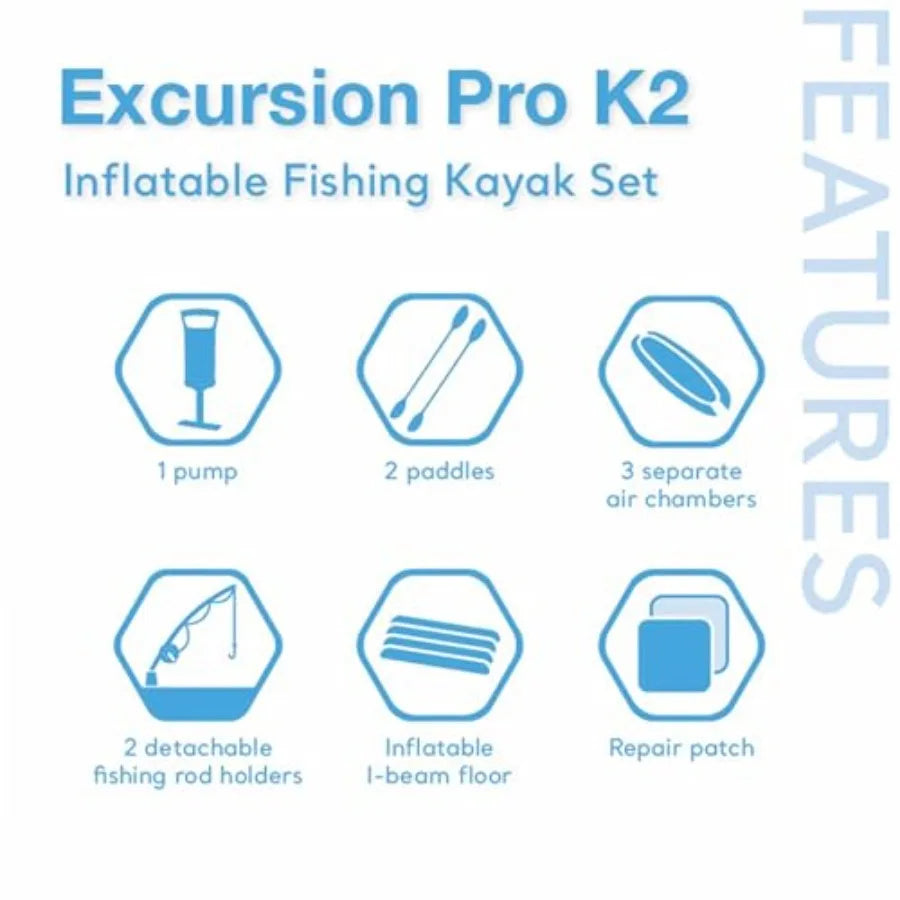 68309EP Excursion Pro K2 Inflatable Kayak Set: 2-Person 400lb Ccity SuperTough PVC Adjustable Bucket Seat Includes Deluxe 86in