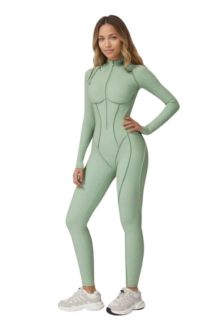 Zip Front Long Sleeve Yoga Pilates Jumpsuit Women Tummy Control Bodycon