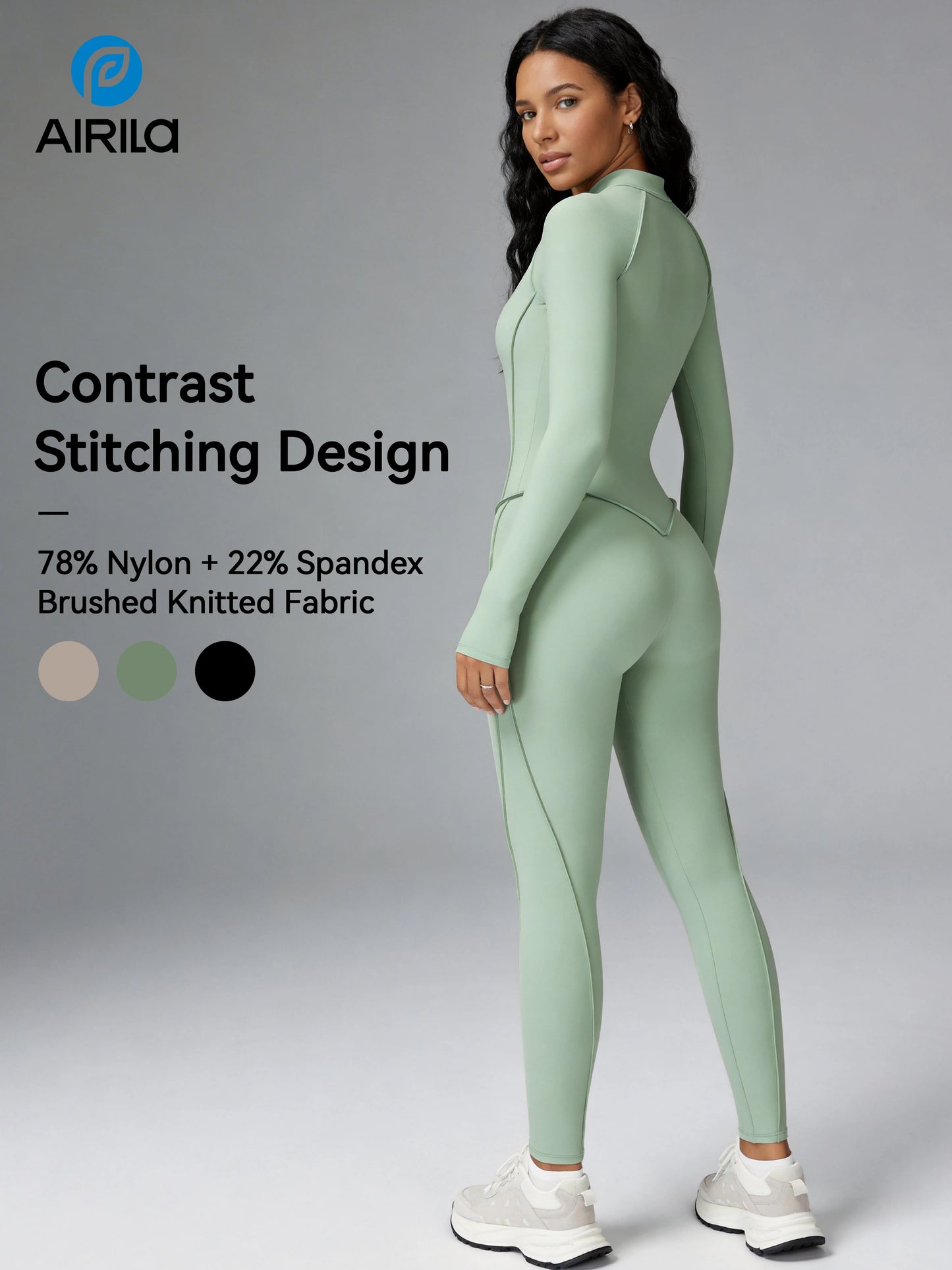 Zip Front Long Sleeve Yoga Pilates Jumpsuit Women Tummy Control Bodycon