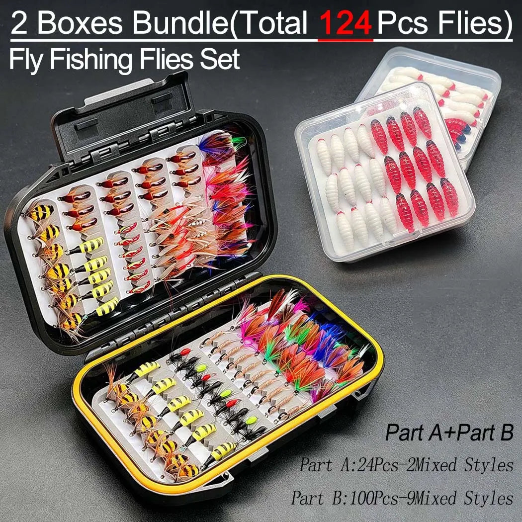 Fly Fishing Flies Artificial Bait Kit-2Boxes Bundle(Total 124Pcs Flies)Dry Wet Nyphms Fishing Bait for Trout Bass  with Fly Box