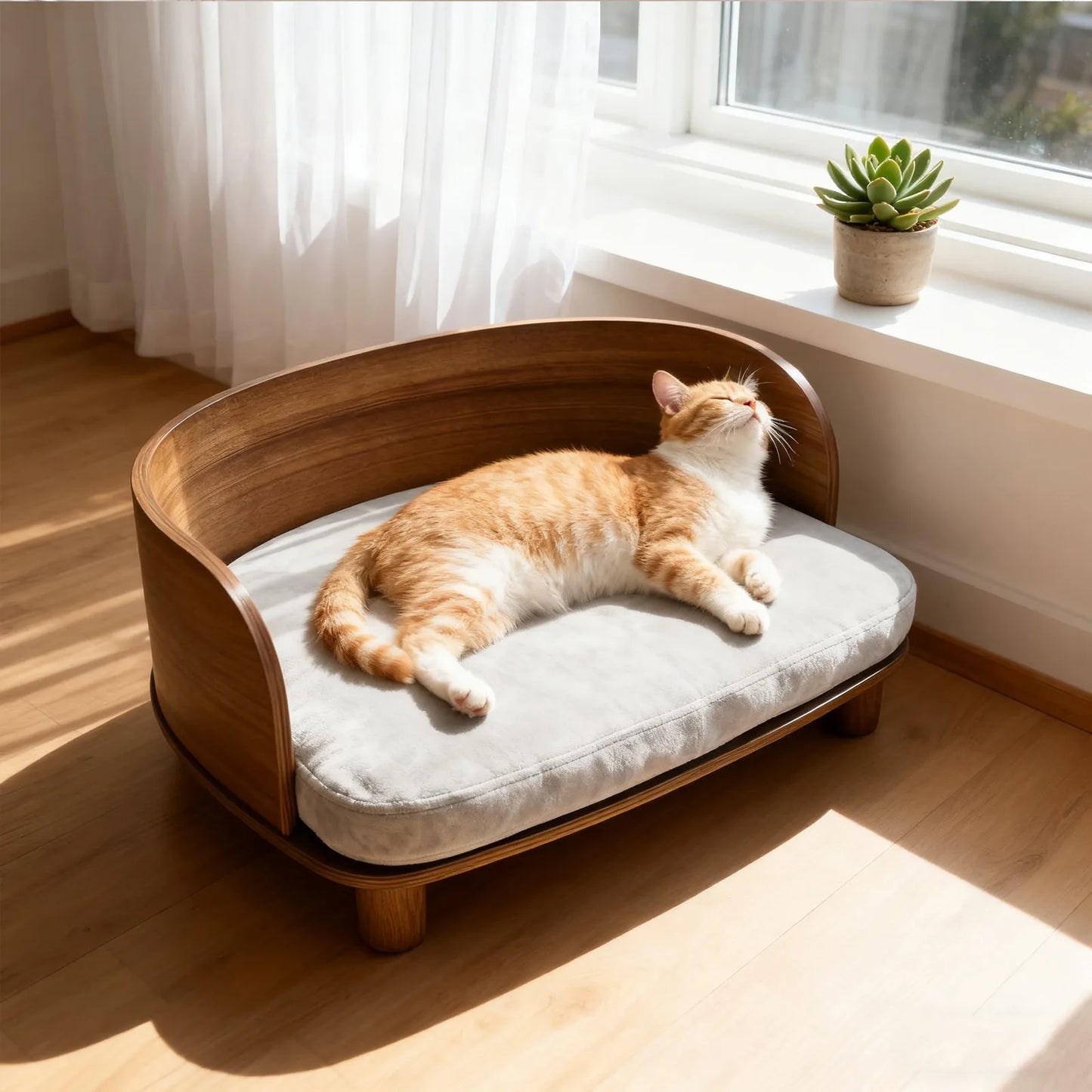 Elevate your pet's comfort with this stylish raised wood sofa that blends premium craftsmanship with contemporary design for calm, cozy naps and lasting comfort.