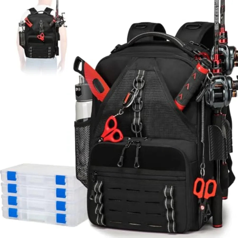 Fishing Tackle Backpack with Two Rod Holders Water Resistant Gear Bag