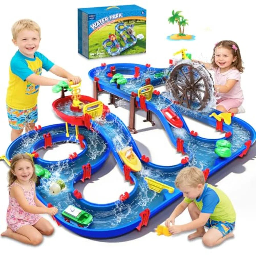2-Tier Watermill Water Table Toys 124PCS Water Park Playset with Pump Waterwheel Summer Outdoor Water Toys Waterways for Backya