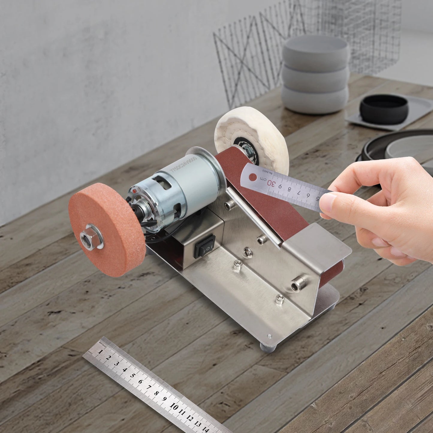 Mini Abrasive Belt Grinder Electric Belt Sander 7-Stage Adjustable Polisher 1~45° Tilting Worktable  for Metal Wood Jewelry Jade Buffing