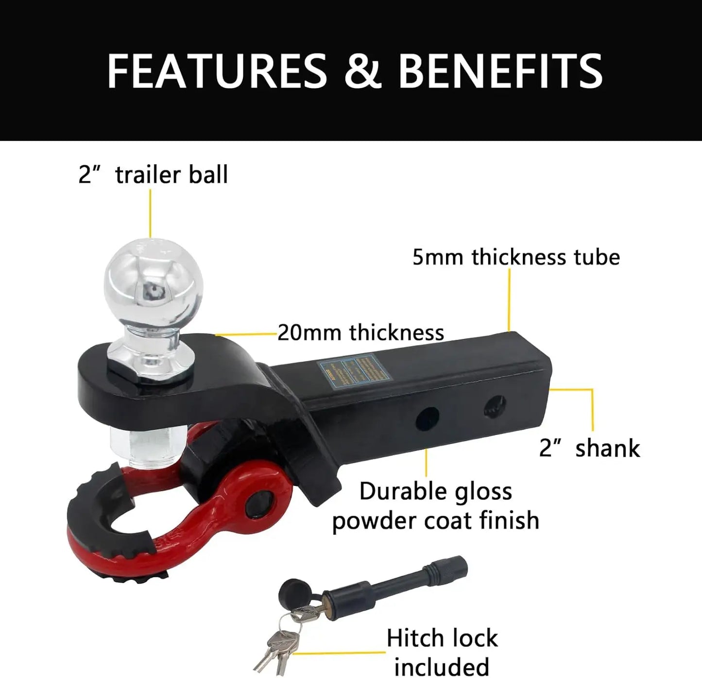 Heavy Duty 2-in-1 Trailer Hitch Ball Mount with Tow Shackle for Trucks, SUVs, Cars - Fits 2-Inch Receiver