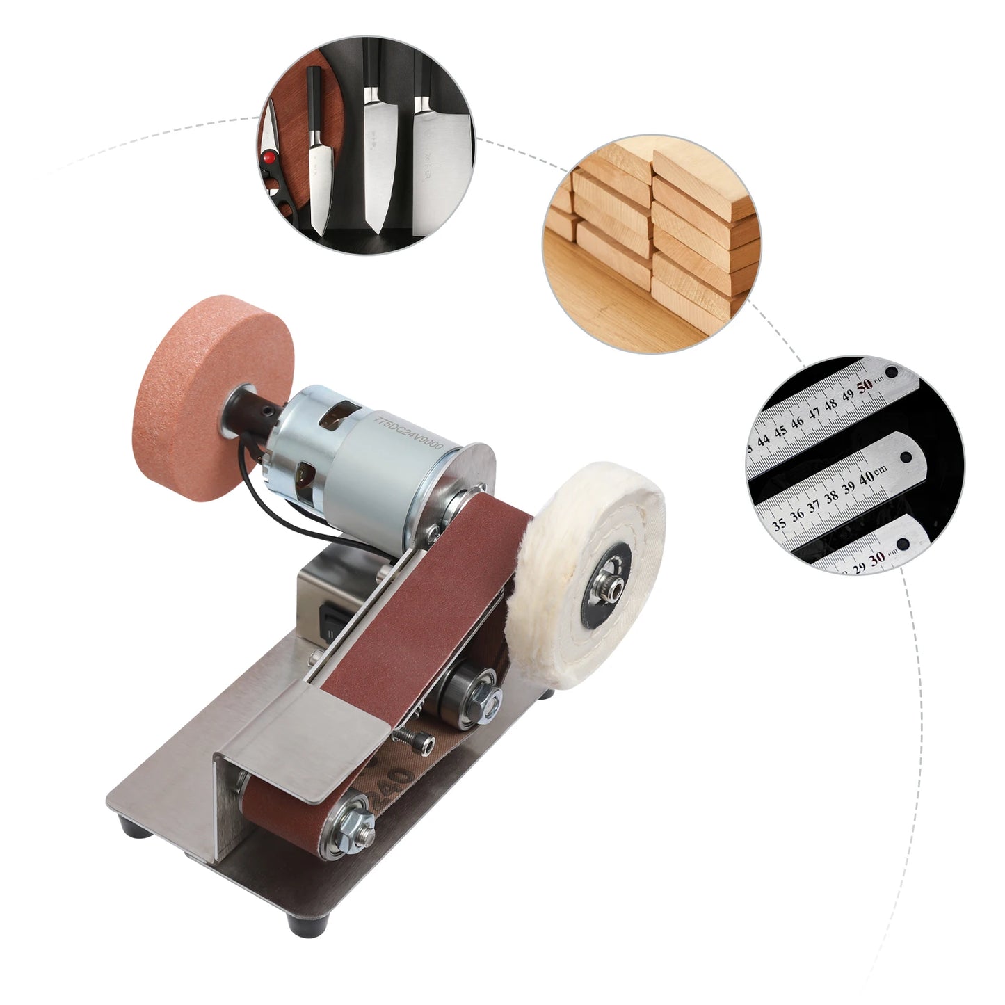 Mini Abrasive Belt Grinder Electric Belt Sander 7-Stage Adjustable Polisher 1~45° Tilting Worktable  for Metal Wood Jewelry Jade Buffing