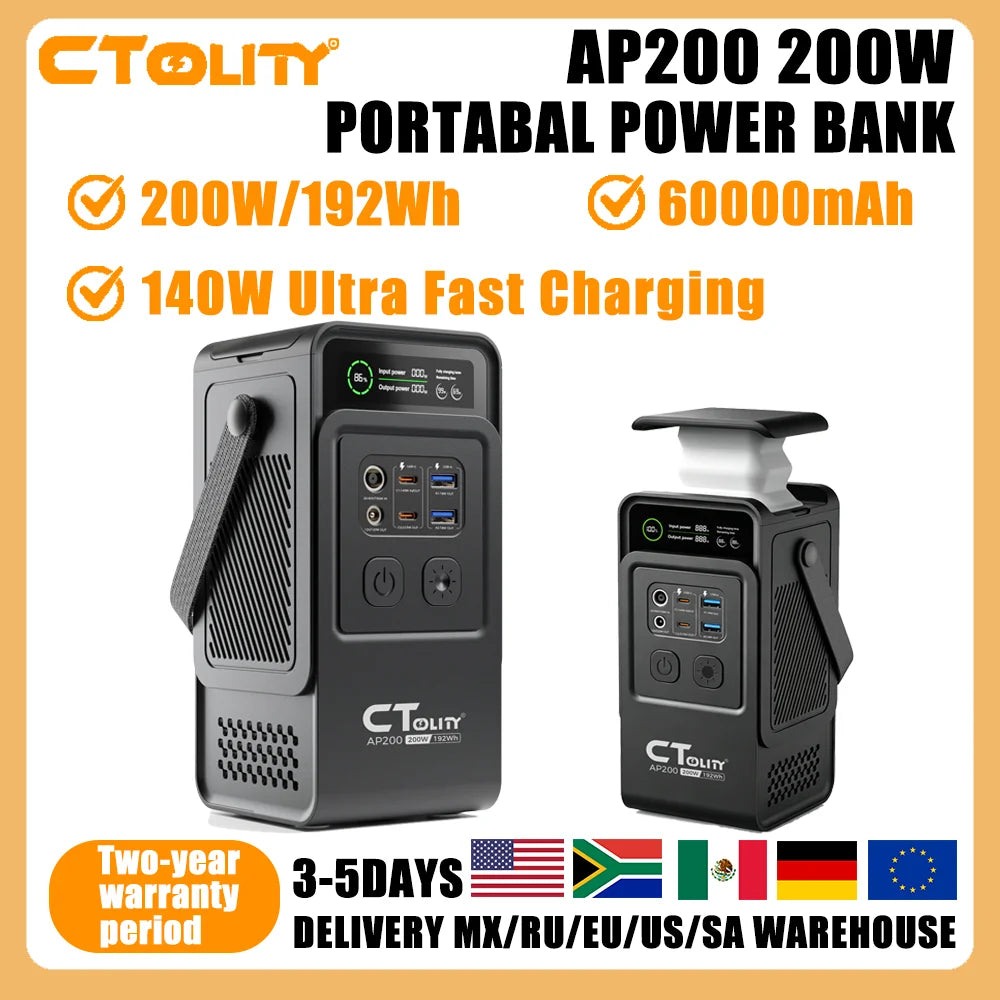 CTOLITY AP200 200W 192Wh Solar Generator Portable Power Station Camping 192Wh Lifepo4 Battery AC Outlets 60000mAh