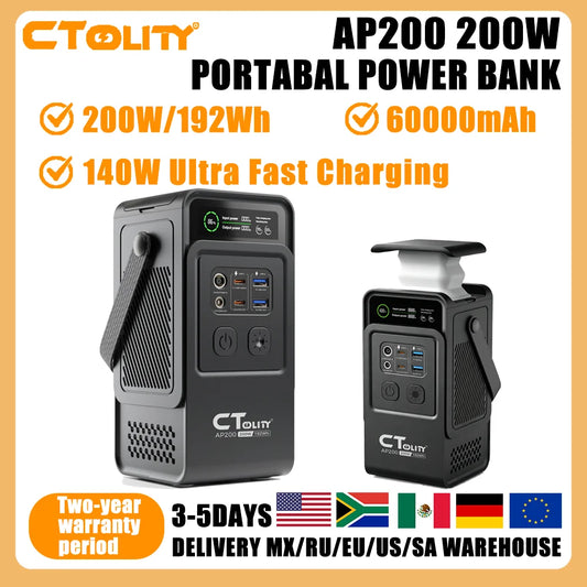 CTOLITY AP200 200W 192Wh Solar Generator Portable Power Station Camping 192Wh Lifepo4 Battery AC Outlets 60000mAh