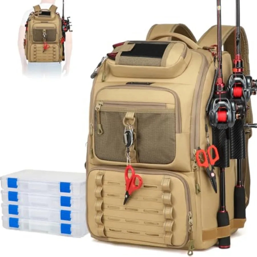 Fishing Tackle Backpack with Two Rod Holders Water Resistant Gear Bag