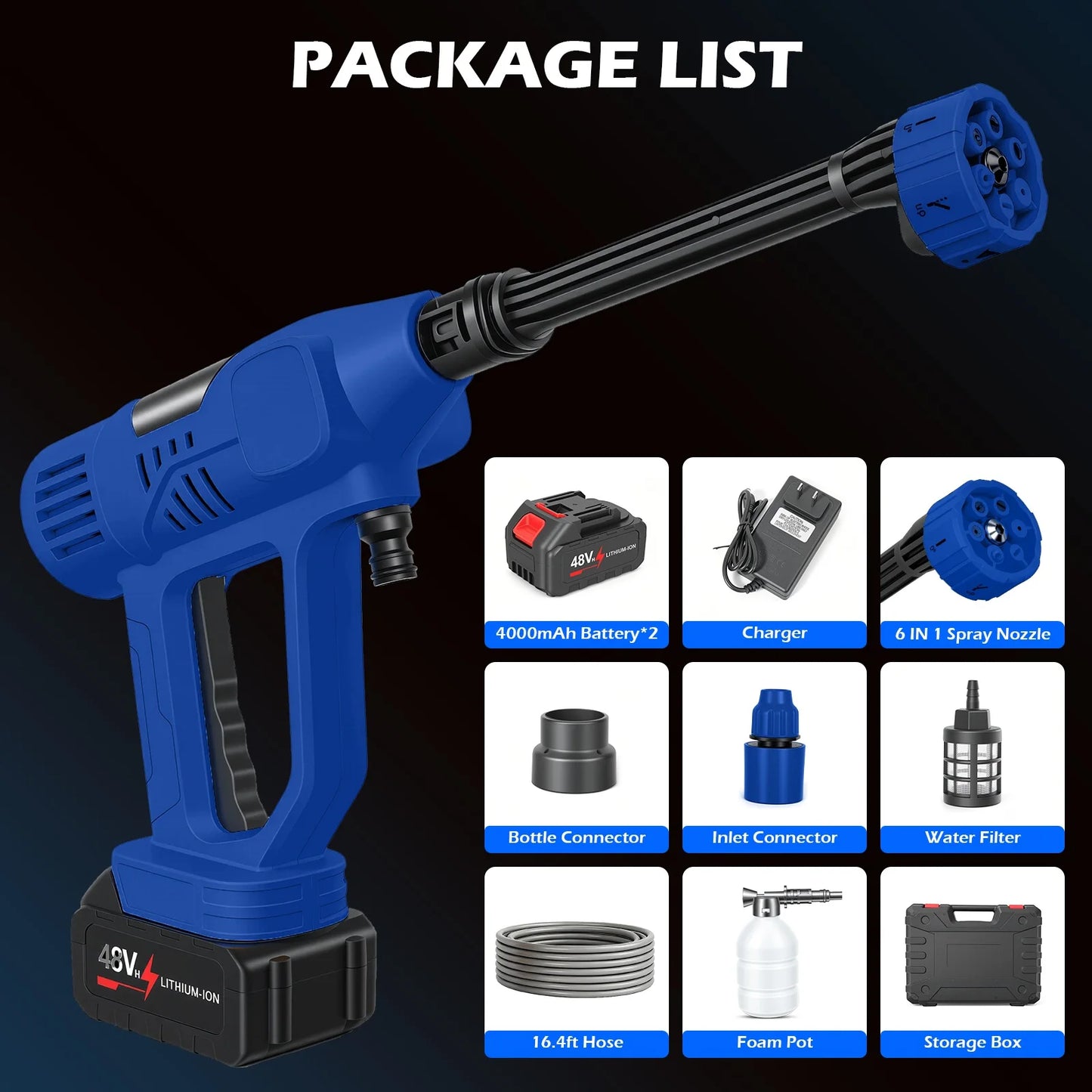 21V Portable Cordless Car Washer High Pressure Spray Water Gun 900PSI with 6-in-1 Nozzle 10-Speed Adjustment 2x 4.0Ah Batteries for Car Garden Floor Watering Plants