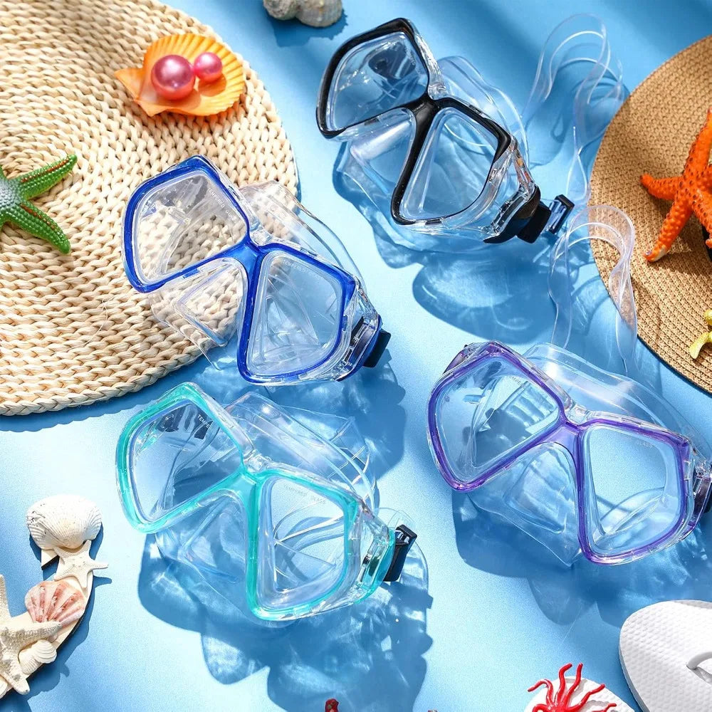 4 Pcs Adult Swim Goggles With Nose Cover And Tempered Glass Snorkel Mask