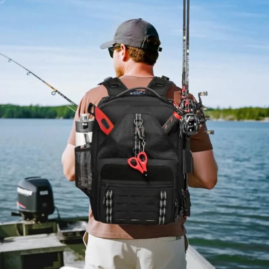 Fishing Tackle Backpack with Two Rod Holders Water Resistant Gear Bag