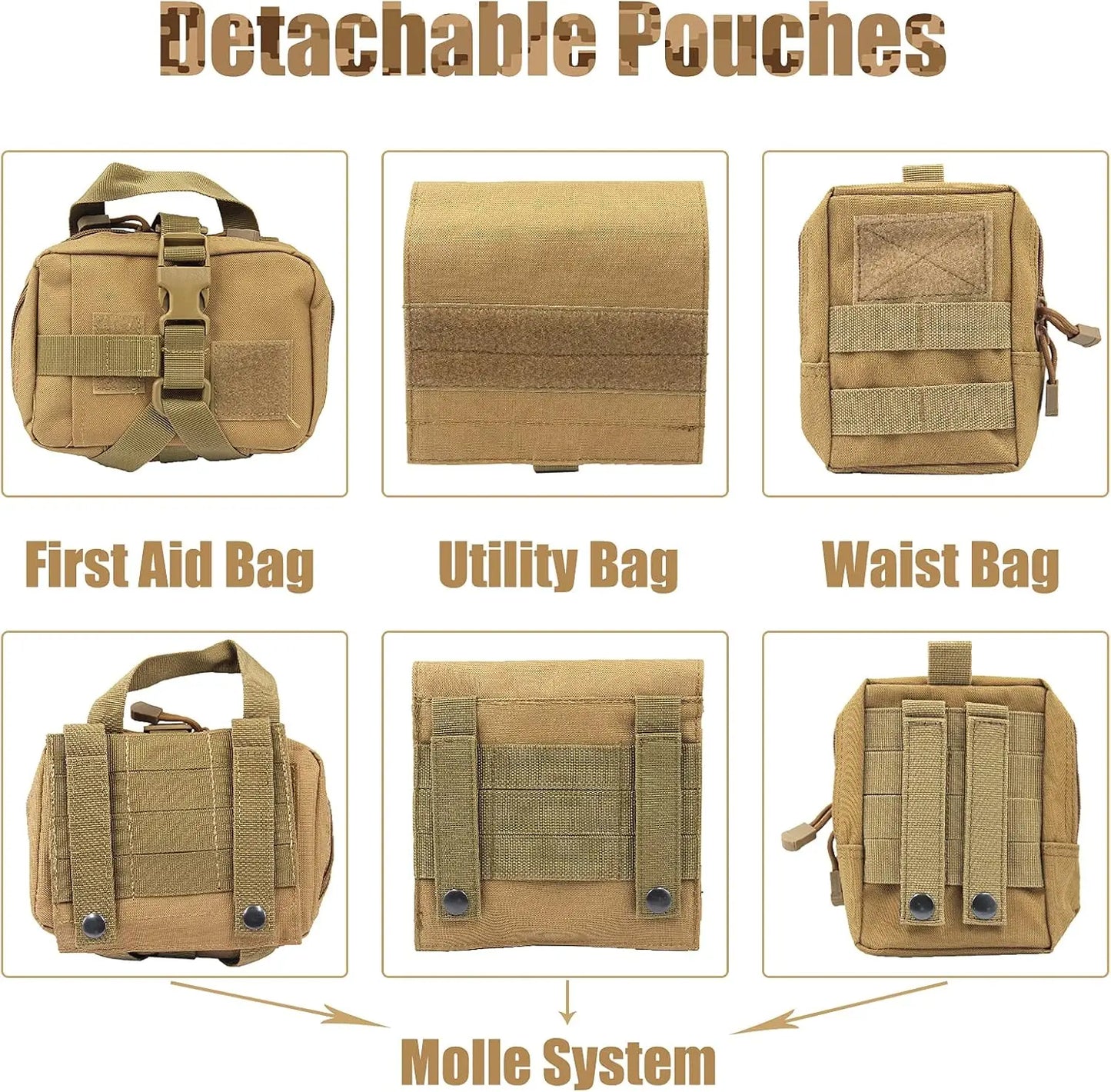 Adjustable Tactical Dog Harness with Pouches, No-Pull Vest for Large Medium Dogs, Handle for Walking Hiking Training (Khaki, L)