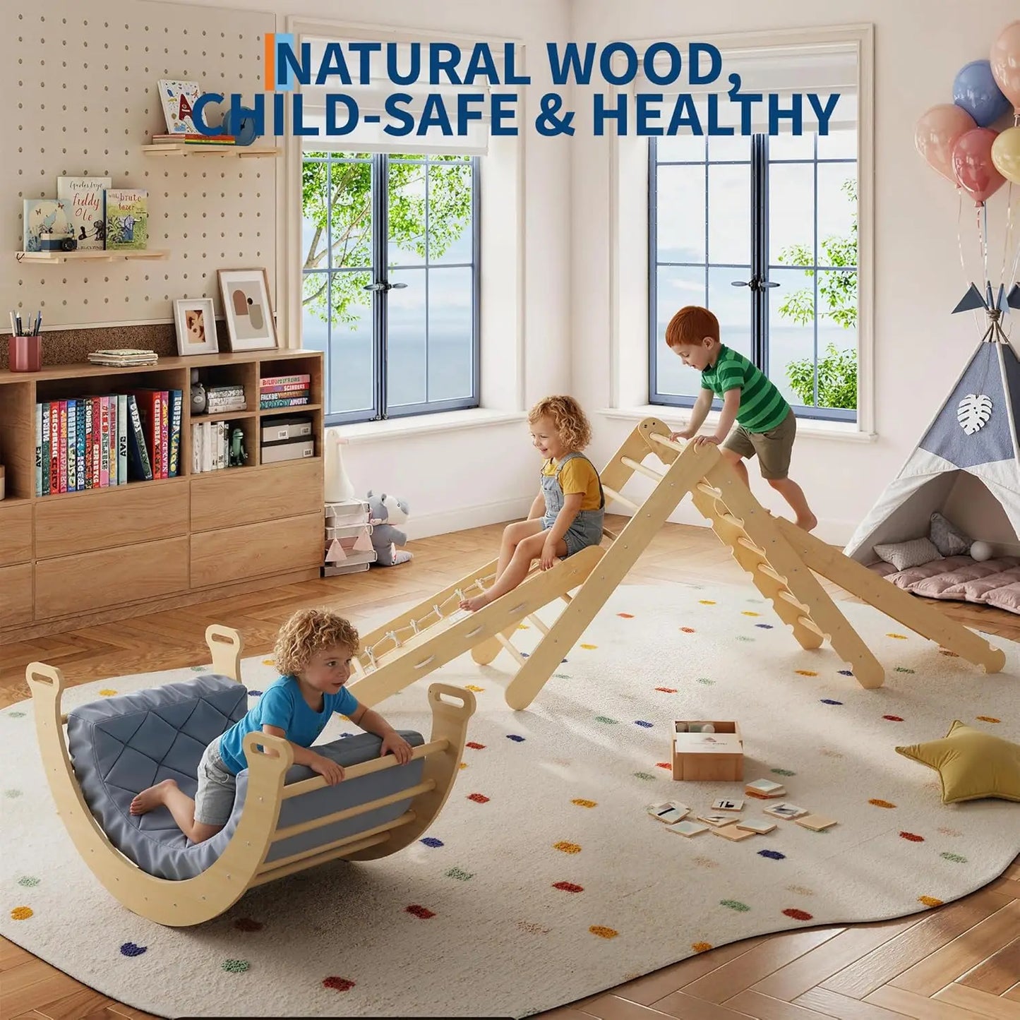 Collapsible Wooden Climbing Triangle Set For Toddlers With Arch Ramp And Ladder