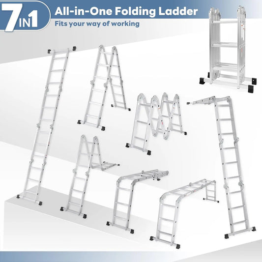 Multi-Purpose Folding Ladder,7 in 1 Aluminium Heavy Duty Collapsible Tall Extension Adjustable Step Ladder for Home Roof RV Work