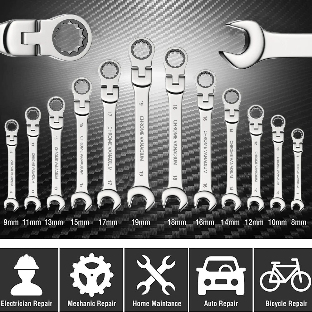 8 Pcs 72 Tooth Ratchet Wrench Set Metric Dual Ended Carbon Steel Garage Tool For Home Repair Maintenance Gifts