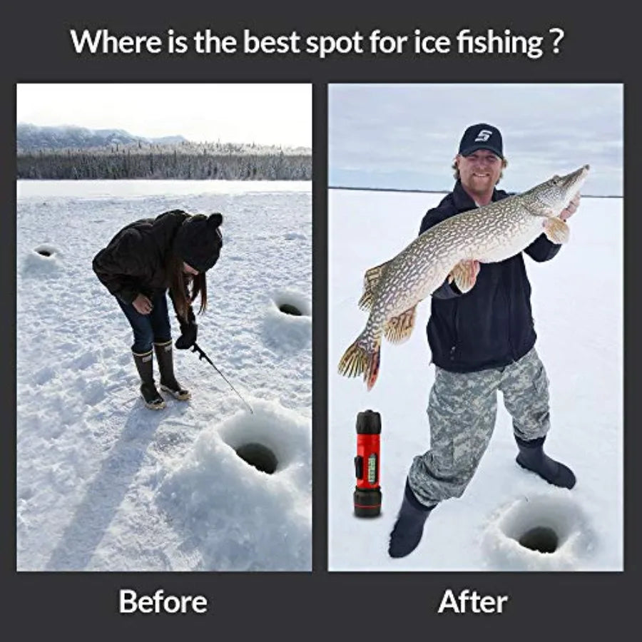 Portable ice fishing depth finder with temperature sensor, ABS plastic housing, blue LCD display, contour mapping and real-time