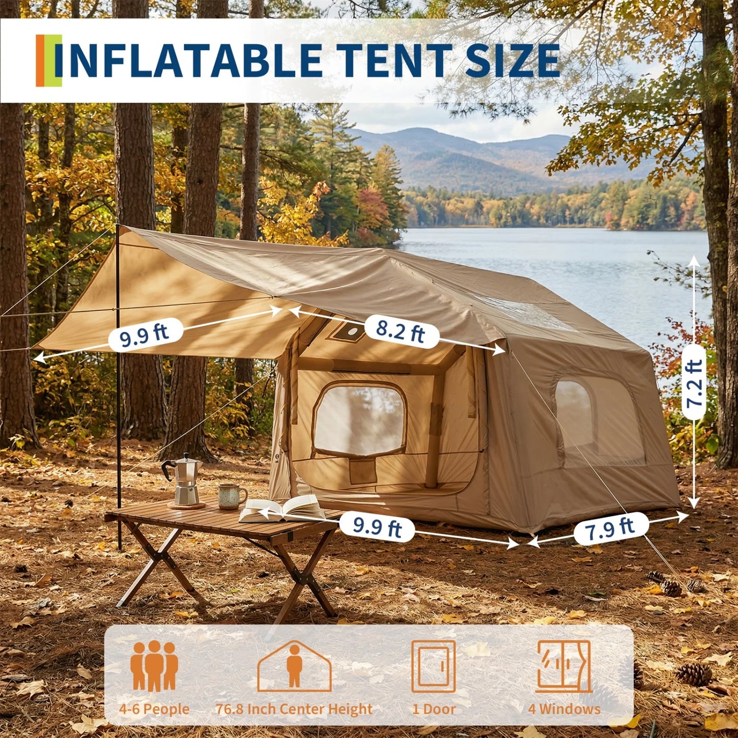 Quick Setup Inflatable Camping Tent for 6 People – Large Outdoor Shelter with Skylight and Canopy – Easy Blow Up Design- Well-Ventilated– 8 Square Size