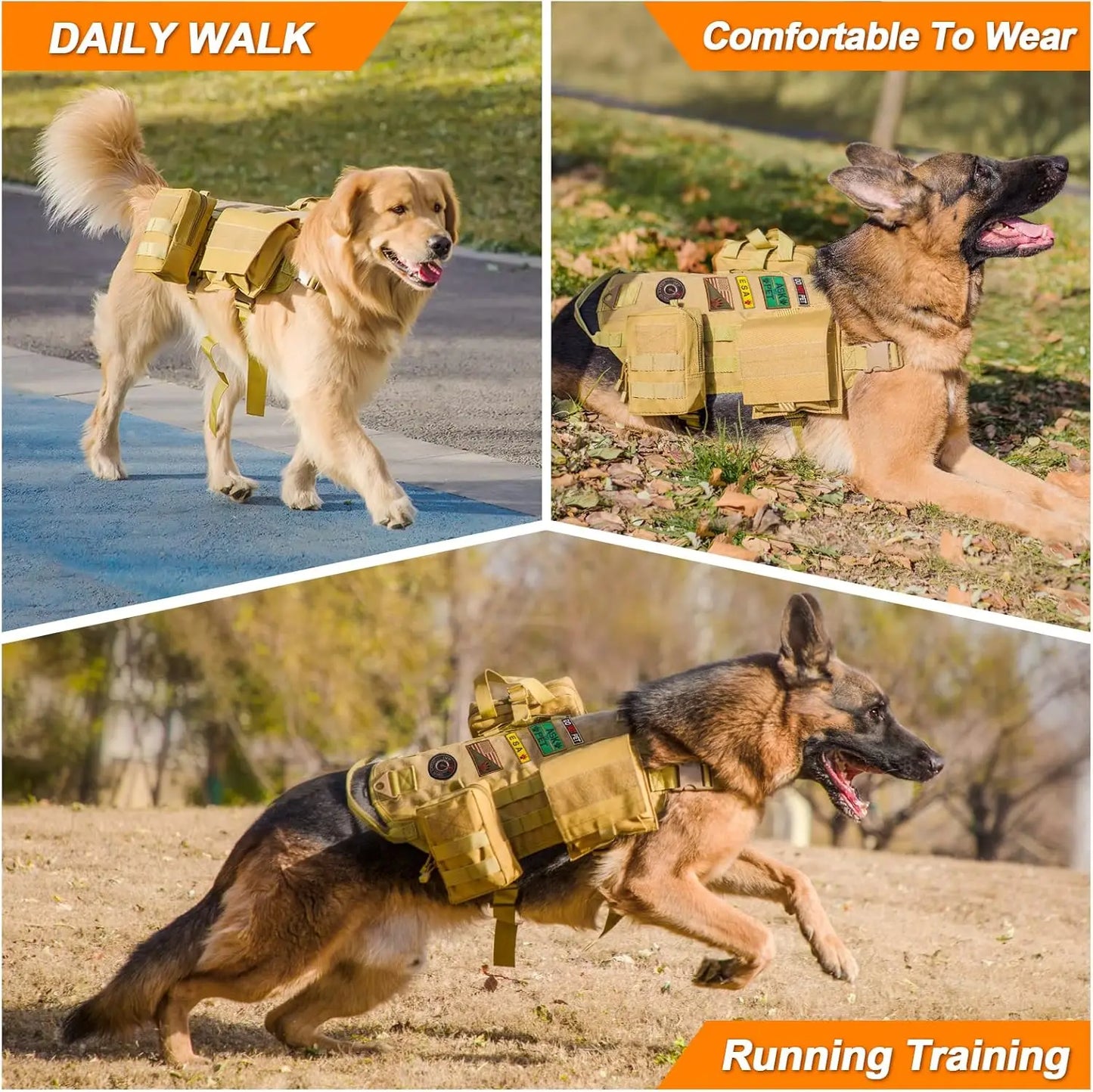 Adjustable Tactical Dog Harness with Pouches, No-Pull Vest for Large Medium Dogs, Handle for Walking Hiking Training (Khaki, L)