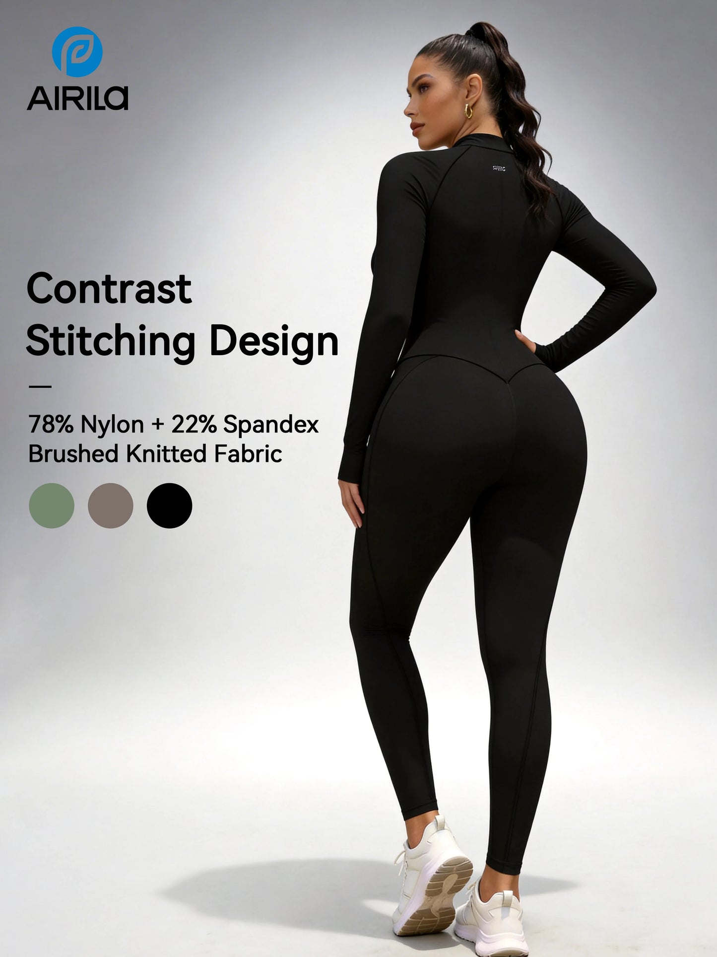 Zip Front Long Sleeve Yoga Pilates Jumpsuit Women Tummy Control Bodycon