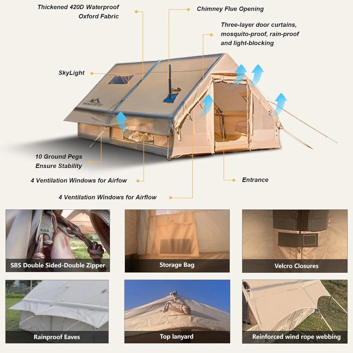 SENLEETO Inflatable Camping Tents 6-8 Person for Family,420D High-density Oxford Fabric Family Inflatable Tent House with Stove Jack&AC Vent,Easy Setup Blow up Tent with High Pressure Pump