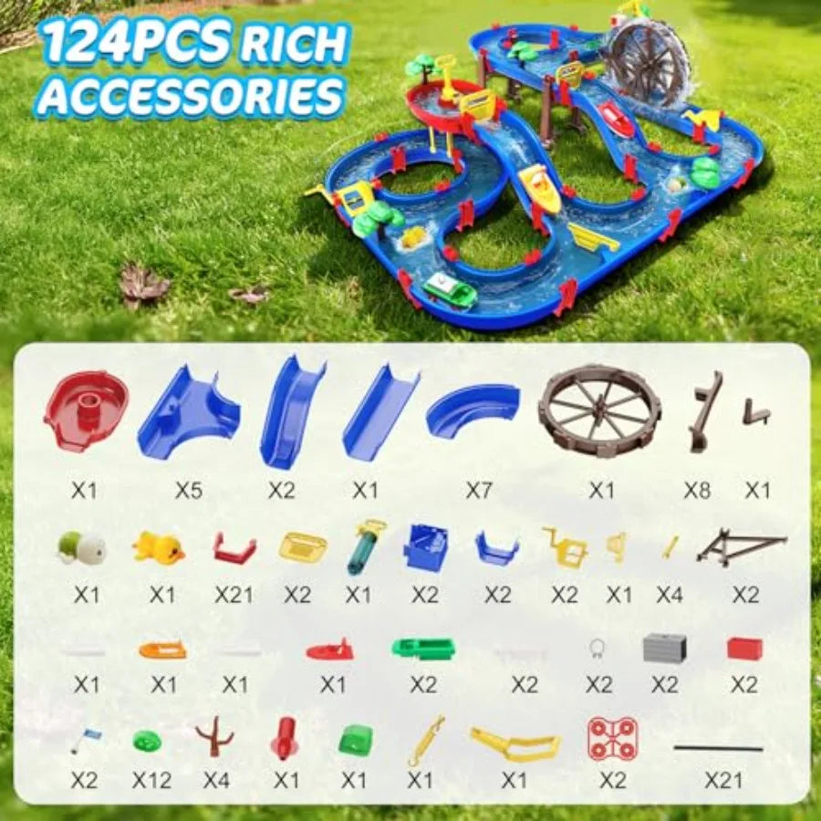 2-Tier Watermill Water Table Toys 124PCS Water Park Playset with Pump Waterwheel Summer Outdoor Water Toys Waterways for Backya
