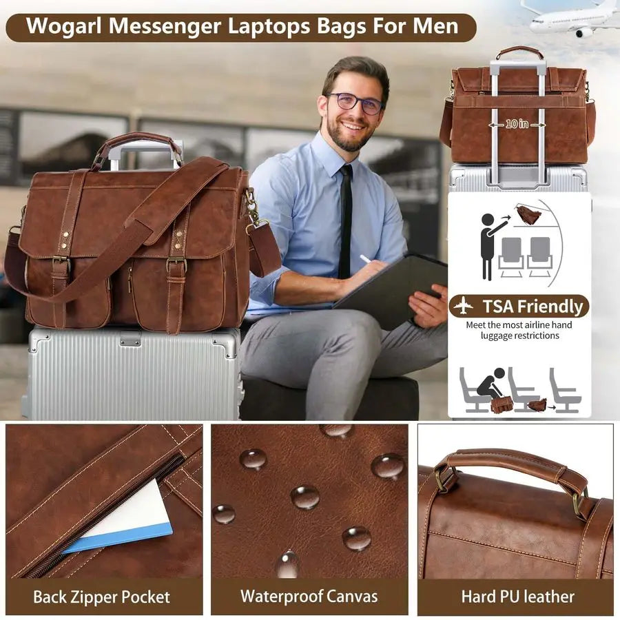 Bag for Men 15.7 inch Vintage PU Leather Briefcase Large Computer Laptop Bag for Office Business