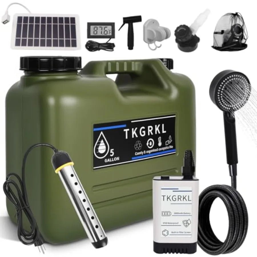 Camping shower with heater and 5-gallon water jug, portable rechargeable shower with 6000mAh battery, 1500W immersion heater, a