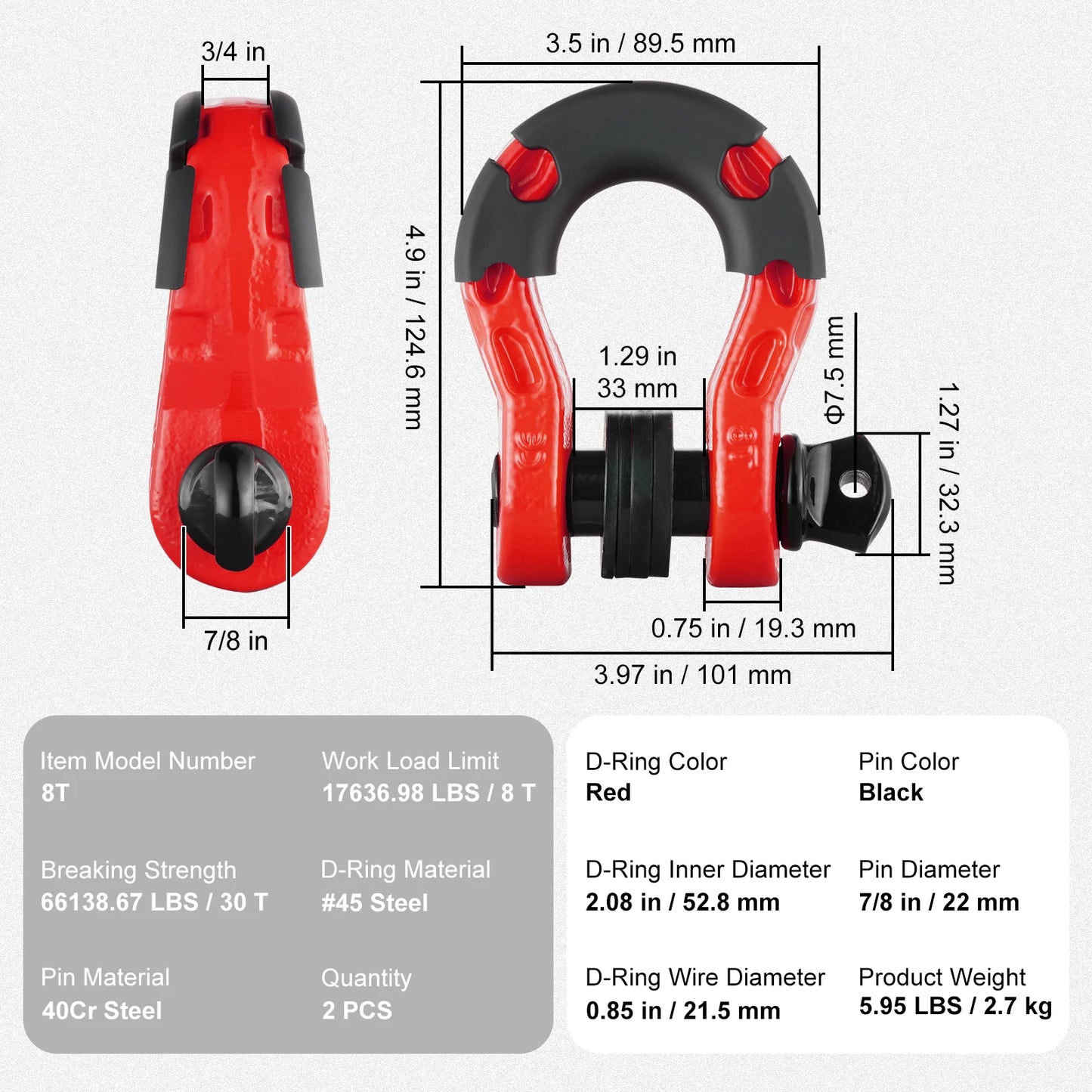Two Pack Three Quarter Inch D Ring Shackle U Hook Set With Seven Eighths Pin
