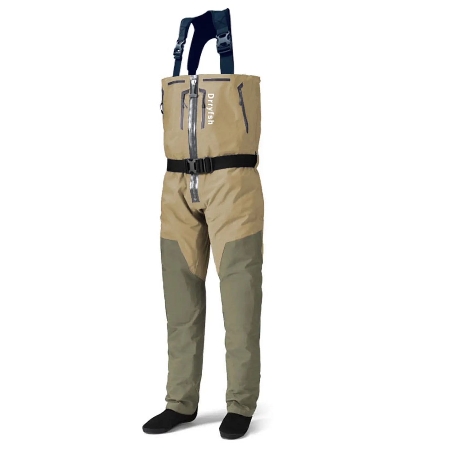Dryfish Men Front Zipper Chest Waders Waterproof Breathable Stockingfoot Fishing Wader with Multi Pockets Adjustable Waist Belt for Fly Fishing Hunting Outdoor Stream Wading