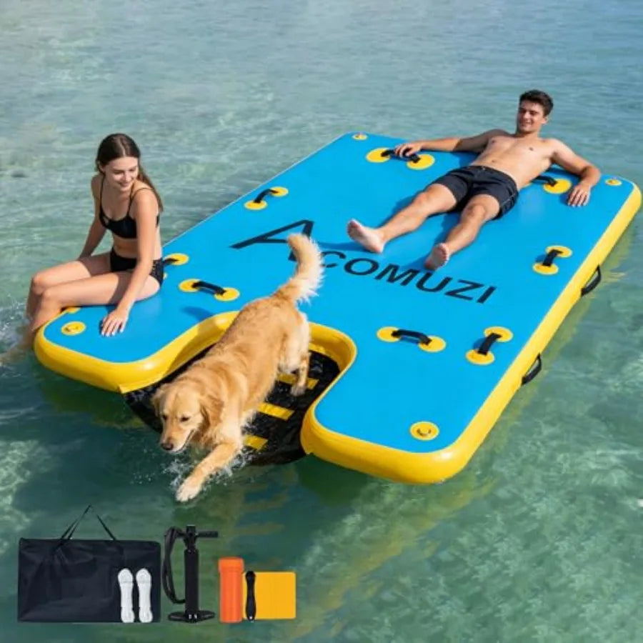 Portable inflatable water platform with dog ramp: heavy-duty 6 thick drop stitch floating dock for pets adults kids; ideal for