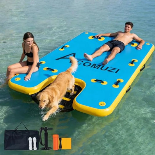 Portable inflatable water platform with dog ramp: heavy-duty 6 thick drop stitch floating dock for pets adults kids; ideal for