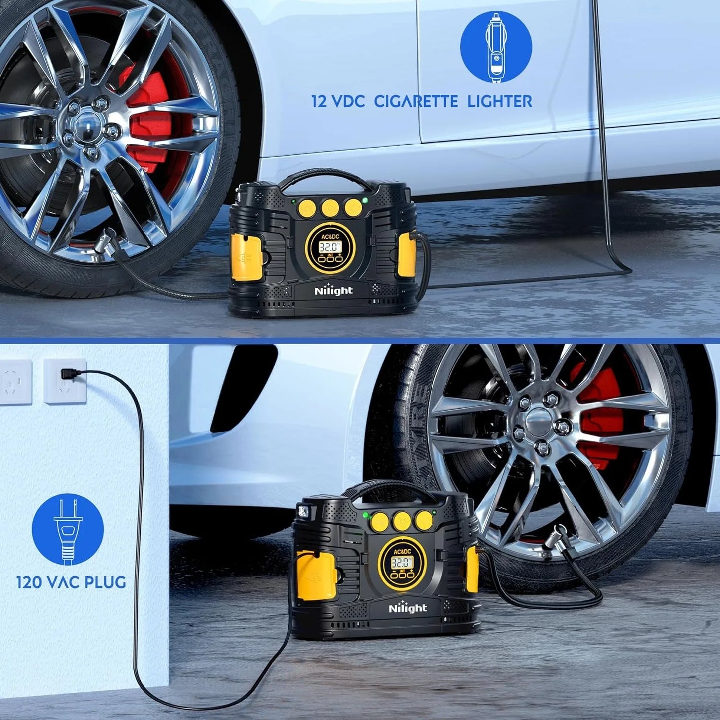 Nilight Tire Inflator Portable Air Compressor Dual Power for Car 12V DC and Home 110V AC Tires Pump Pressure Gauge Fast Inflate Auto Shutoff for Cars SUV Motorcycle Bicycle