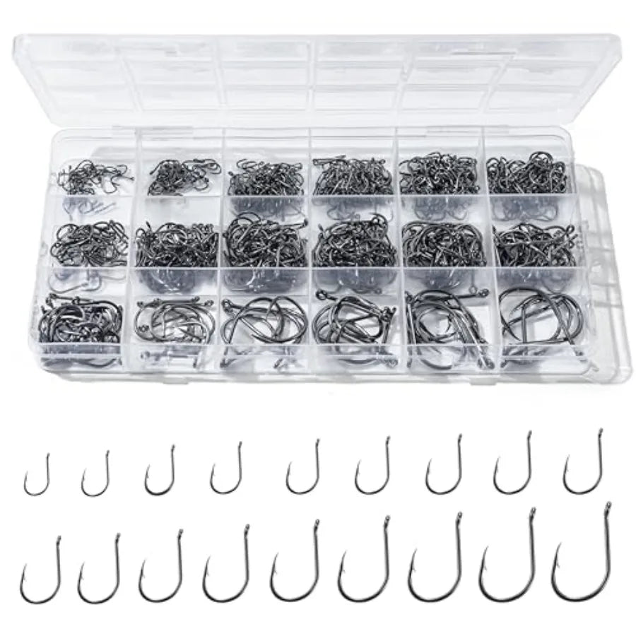 300 Piece Fishing Hooks Set 18 Sizes Carbon Steel Barbed Hooks Storage Box