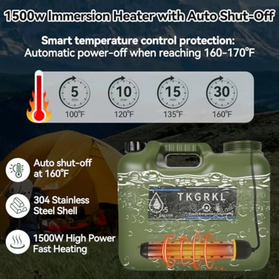 Camping shower with heater and 5-gallon water jug, portable rechargeable shower with 6000mAh battery, 1500W immersion heater, a