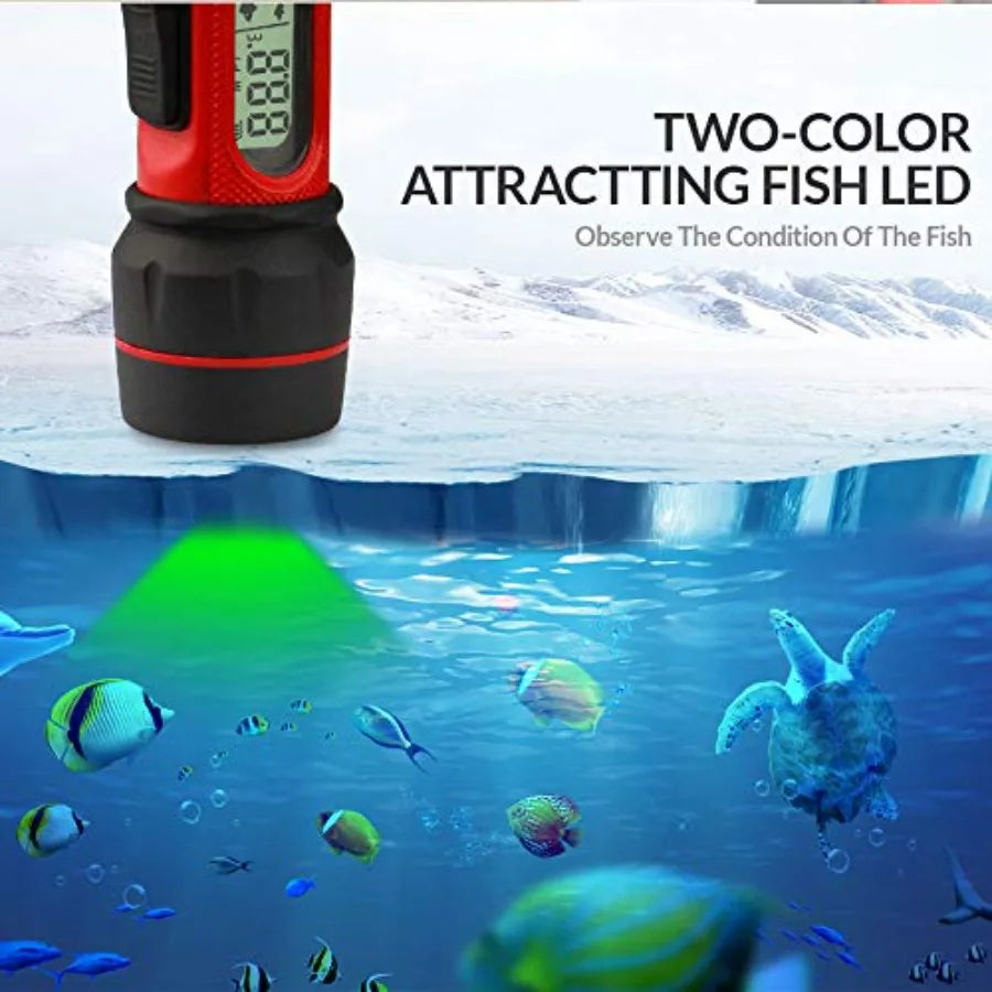 Portable ice fishing depth finder with temperature sensor, ABS plastic housing, blue LCD display, contour mapping and real-time
