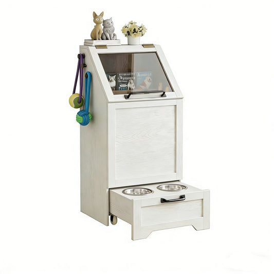 Dog Food Station with Storage,Pet Feeding Station with Raised Bowls,Dog Food Storage Cabinet with Hanger for Feeding