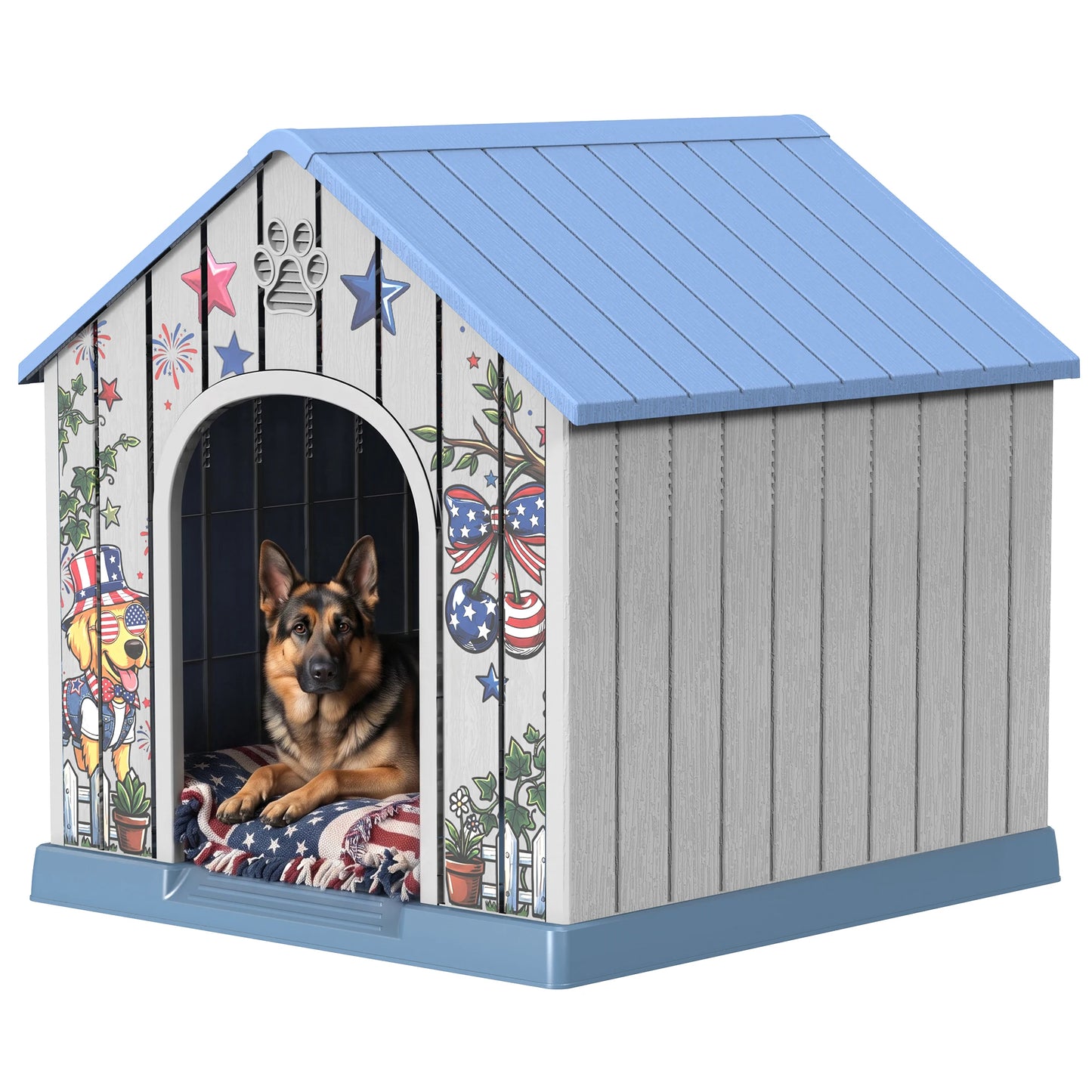 Weatherproof Outdoor Plastic Dog House With Printed Pattern Door Cover