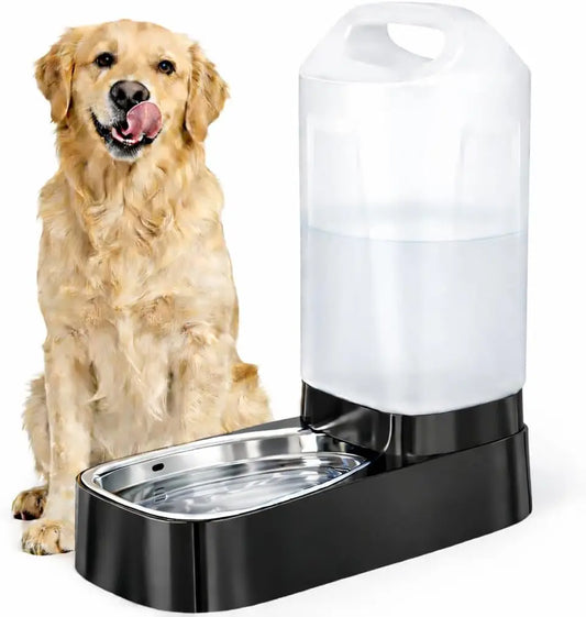 2.4 Gallon Gravity Pet Water Dispenser with Stainless Steel Bowl, Easy-Carry Handle for Large Dogs & Cats