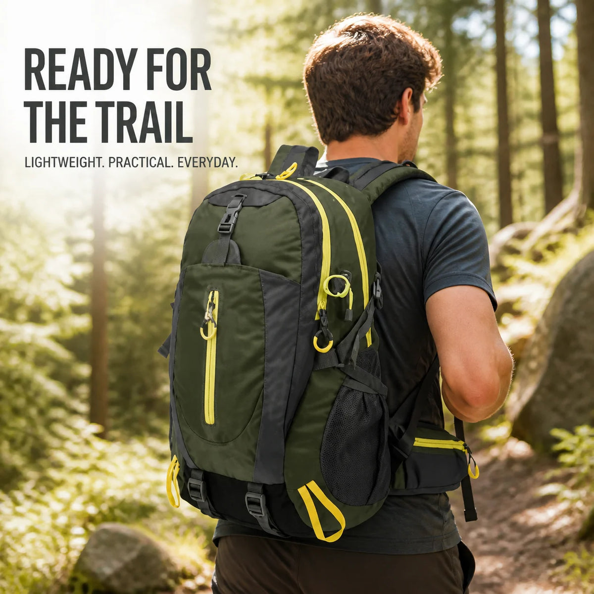Military Green Hiking Backpack 36L Daypack With Mesh Pockets For Travel Camping